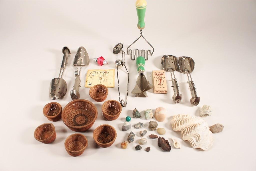 Vintage Collectibles: Items include vintage Shoe forms, cooking utensils,small baskets, shells, rocks, Vail pins, and more