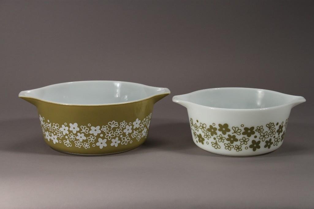 Vintage Pyrex Mixing Bowls (2): Green floral motif, one measures 9" across and the other measures 11" across, good condition