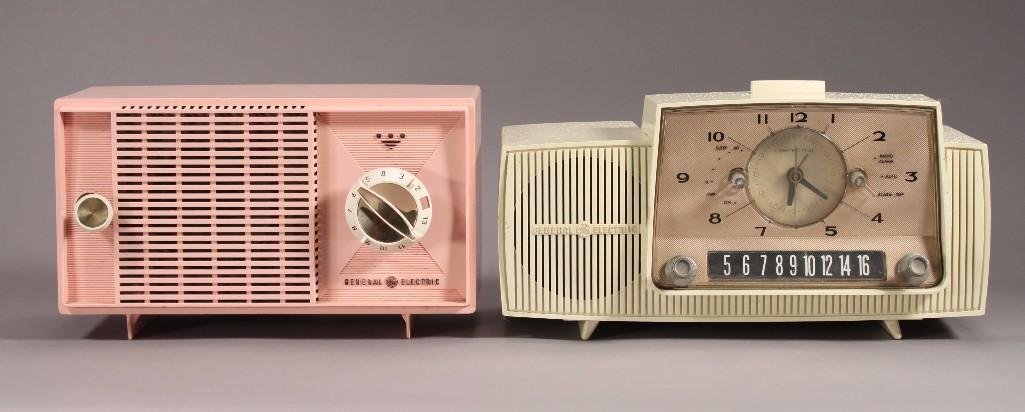 Vintage General Electric Radios (2): Pink radio measures 6.5" x 11" x 5" (shows some wear), Clock radio 7" x 13" x 5.5" some paint splatter otherwise good condition