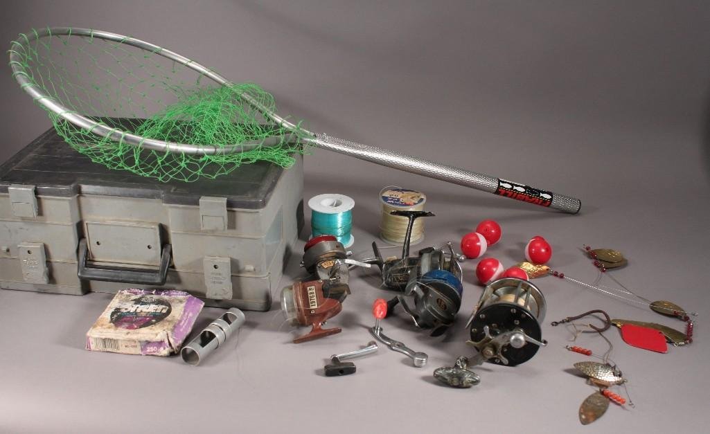Fishing Equipment: Large lot includes fishing reels, fishing line, tackle box with contents. Contents include lures, weights, hooks, floats and more.