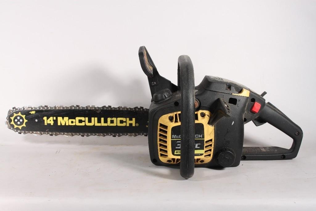 McCulloch 14" Chain Saw: Gas powered, 32cc, model no. MS1432, has been tested.