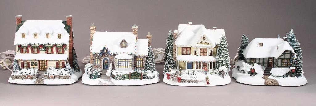 Thomas Kinkade Christmas Town Houses (4): Includes Village Christmas inn, village tea room, Christmas Cottage, Victorian homestead, all come with light cord 