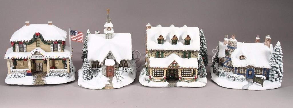 Thomas Kinkade Christmas Town Houses (4): Titles include Christmas Chapel, Stonehearth Restaurant, From the Heart Gift Store, and a Village post office, all with light cords 
