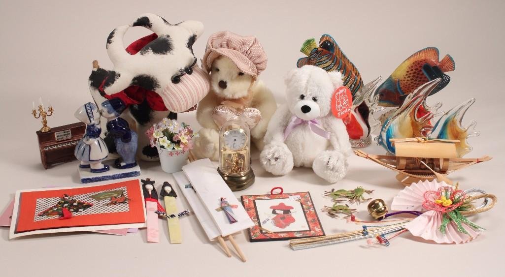 Collectible Figurines and Toys: items include: blown glass fish, teddy bears, crabs, stuffed cow with bell, and more.