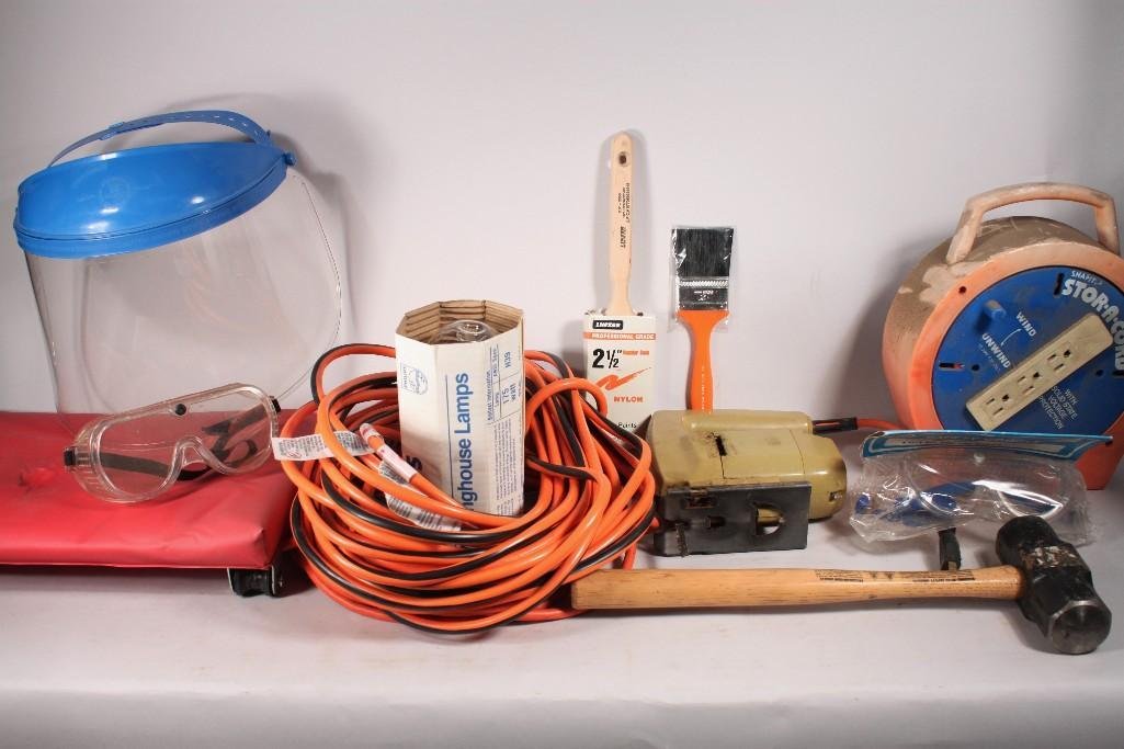Tools and Garage Supplies: Items include: extension cord, plastic face shield, stor-a-cord, mallet, large Edison style bulb, and more