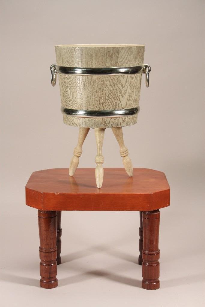Vintage Step Stool and Footed Bucket (2): Hand crafted wood step stool 10" tall bottom is marked Kirtland AFB Albuquerque New Mexico, and a plastic footed bucket stands 13.5" tall, shows some wear.