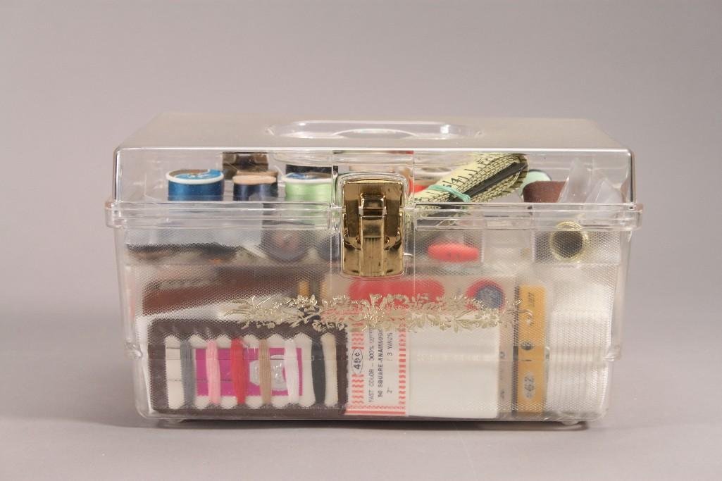 Vintage Swing Kit: Contents include: Thread, Buttons, Needle Threader, Fasteners, Needles, and much more. Clear plastic carrying case measures 9.5"x6"x6"