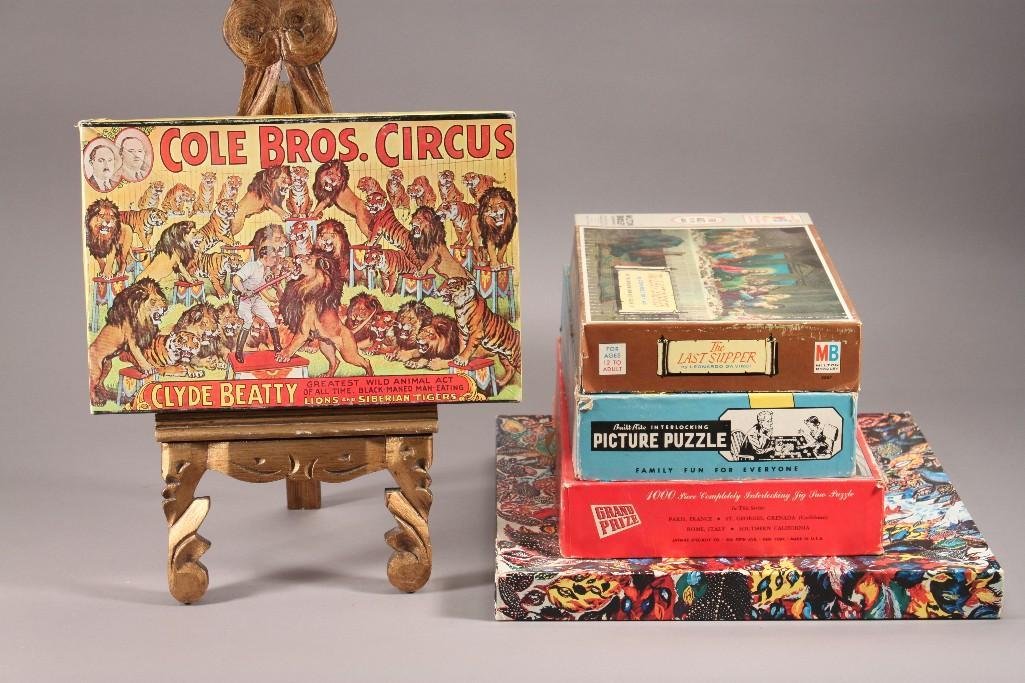 Vintage Jigsaw Puzzles (5): 1970 puzzle titled The Circus, 1965 Milton Bradely "The Last Supper", and more. Unsealed, pieces have not been counted, boxes show wear.