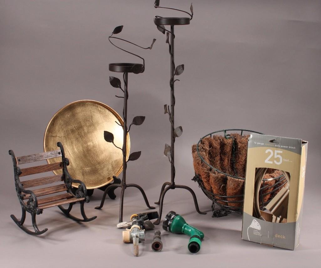 Indoor and Outdoor Metal Decor: Items Include: 23"-26" tall metal leaf candle holders (2), 9" tall vintage style rocker, metal hanging plant hanger, 25' deck extension cord, and more.
