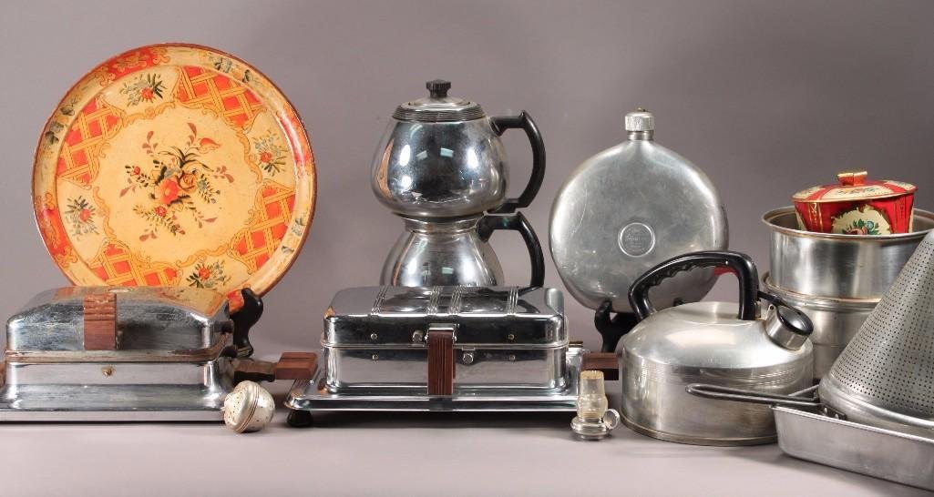 Vintage Kitchenware: Items include: two waffle irons, aluminum tea kettle, a Sun Beam coffee master (missing plug), Stanley metal canteen, and more.