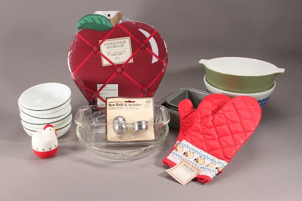 Kitchenware: 2.5 quart white and blue Pyrex bowl, 2.5 quart green corning ware bowl, four Anchor Hocking Fire King 350 bowls, 5.5" in diameter, rooster timer, and much more.
