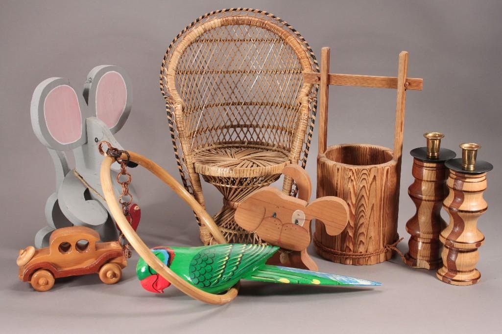 Vintage Decor: Items include 9.5" tall candle sticks one has huge chip, 7" long wood car, hanging painted wood parrot on a hoop, 16" tall wicker chair, and more.