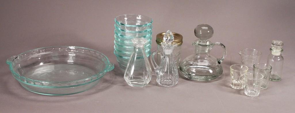 Vintage Glassware: Items Include: Measuring shot glasses, Balex glass bowls, a glass pie plate, cruet bottles, and more.