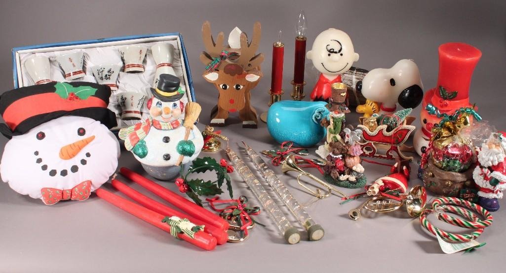 Christmas Decor and Asian Sake Set:  Items include Charlie Brown and Snoopy candles, snowman candle, sake glass in original box made in Japan, and other Christmas decor