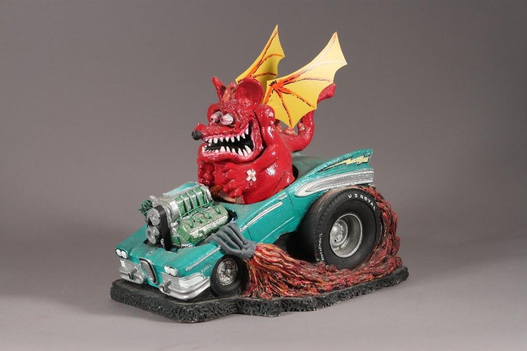 Stan "The Human Siren" Lemkuil Rat Fink Sculpture: Measures 11" tall, 11" wide, some chips in the paint.