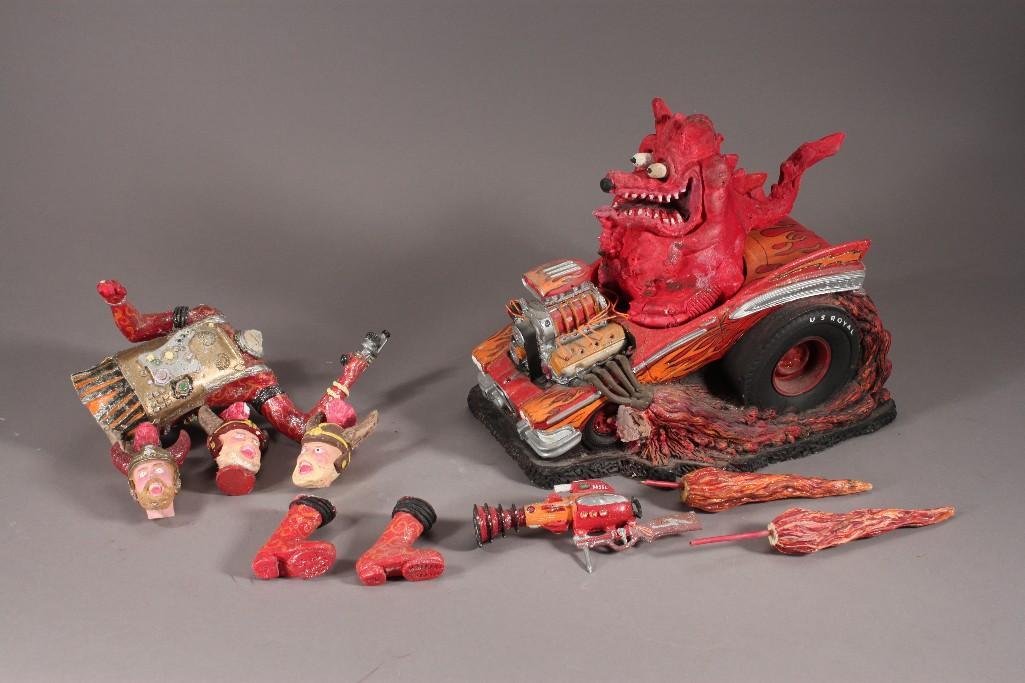 Stan "The Human Siren" Lemkuil Signed Rat Fink: Rat Fink sculpture is signed and dated 1999, measures 11.5" long, 9.5" tall, 7.5" wide, shows some wear. Also includes mans torso sculpture with unattached head that is 8.5" tall, 