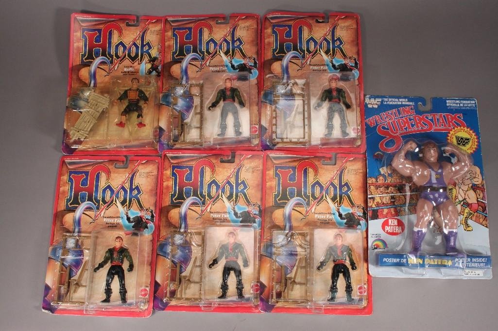 Vintage Hook Action Figures (7): All are in original packaging, (6) Hook action figures, and one 1985 Wrestling Super Star Ken Patera figure