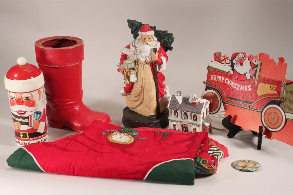 Vintage Christmas Decor: Items include a cardboard candy box, resin Santa statue, tootsie roll round box, and red boot, and more 