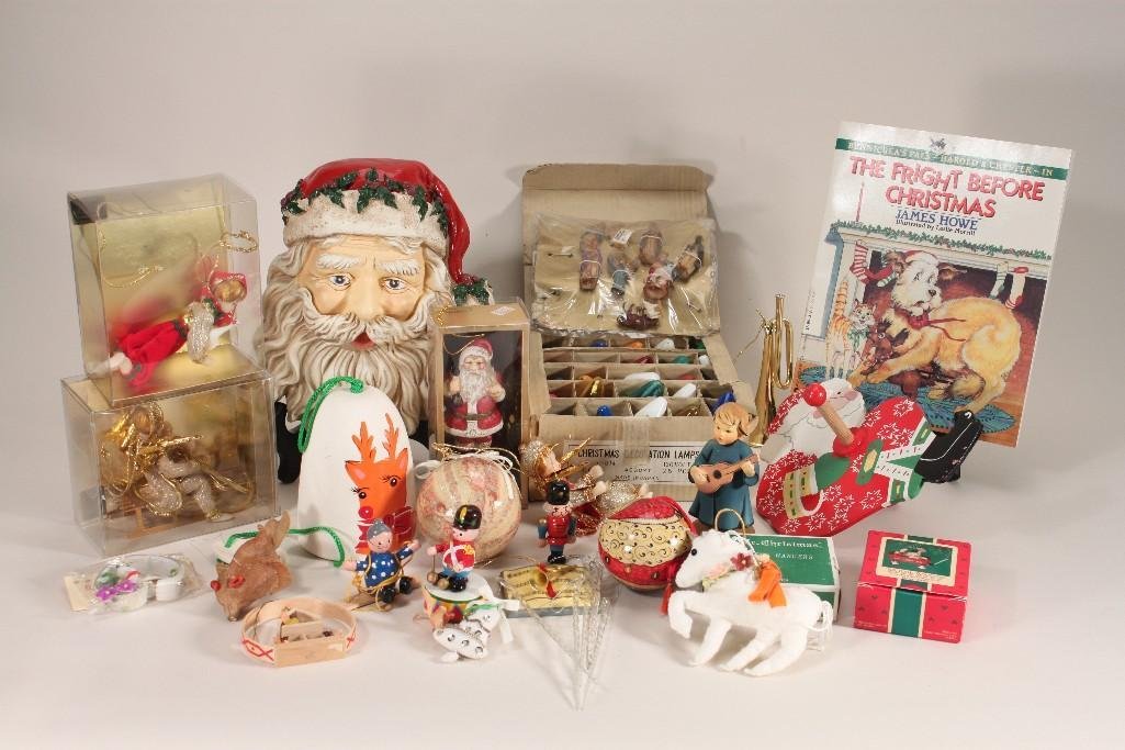 Vintage Christmas Decor: Items Include: a 9" ceramic Santa wall hanging, tree ornaments, colored light bulbs, elf ornaments, wind chime, and more.