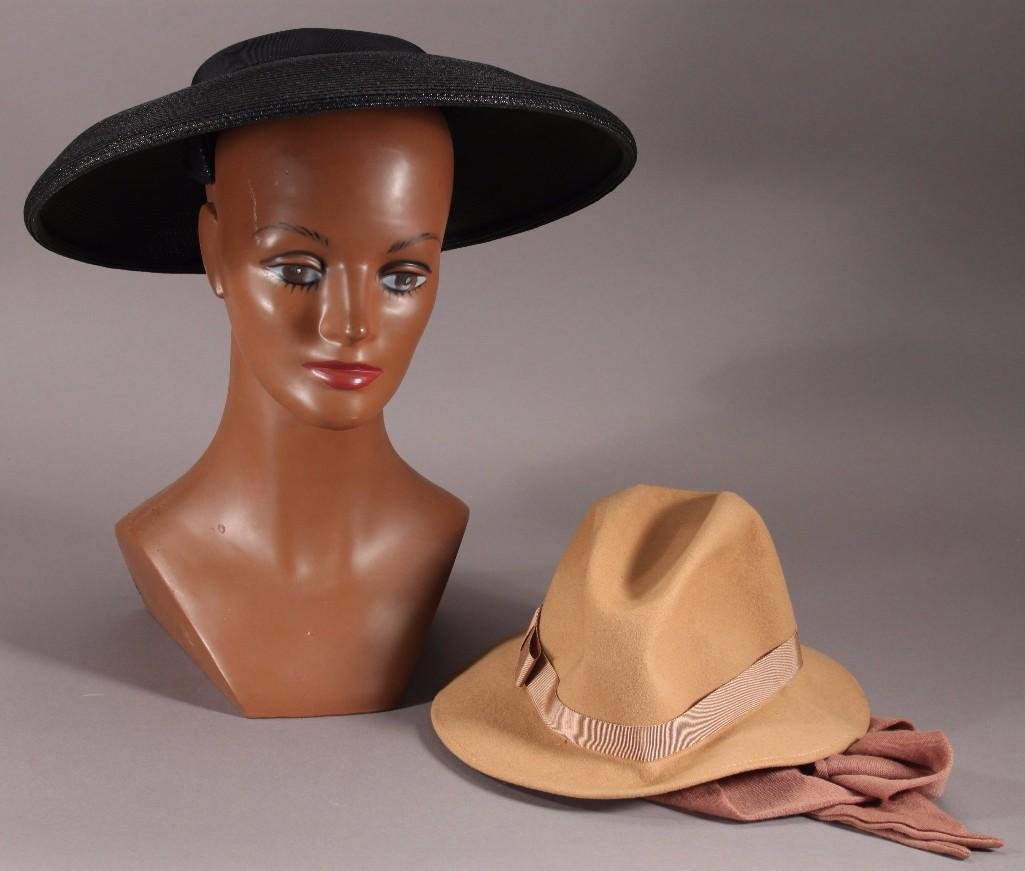 Vintage Ladies Hats (2): Black straw hat with red bow tag states Lonette Originals Los Angeles California, a wool hat made by Tally-Ho made in Polland 100% wool with built in scarf tie (comes with box)