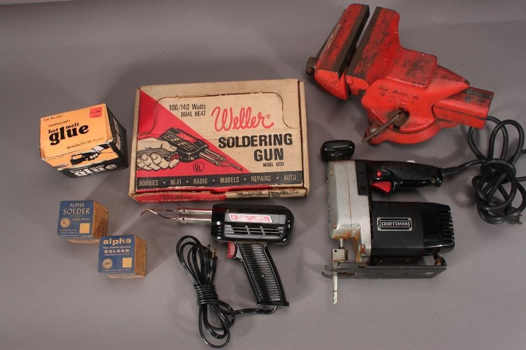 Tools: Items include Ridgid No. 500-R Utility vice, Weller Soldering gun model No. 8200, a craftsman auto scroller saw Model no. 315.17251, and more 