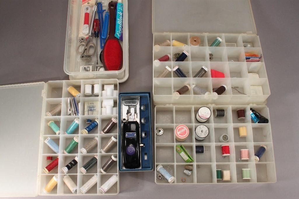 Sewing Supplies: Items include: lint brush, scissors, bobbins, thread, thimbles, sewing machine needles, button holder, and more.