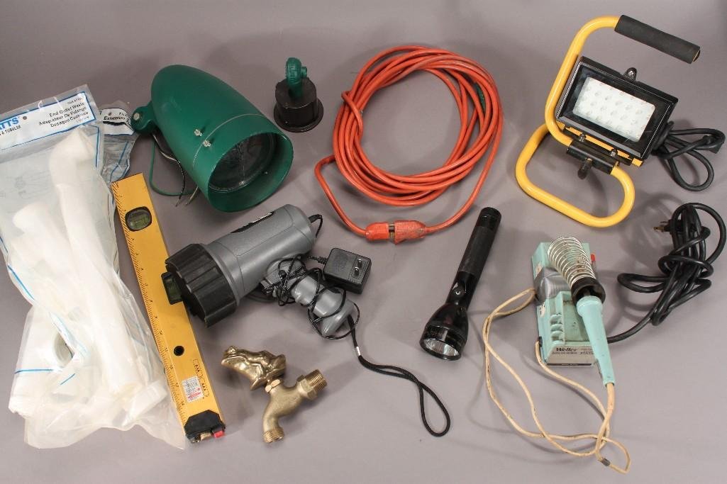 Outdoor Lighting: Four portable electric lights, extension cord, plumbing pipes, a frog spicket and more.