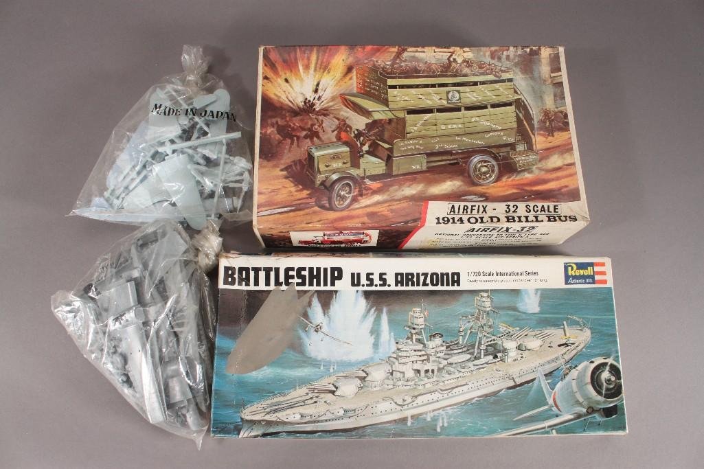 Model Kits (4): 1914 Old Bill Buss, Battleship USS Arizona, and (2) Airplanes (does not include boxes or manuals)