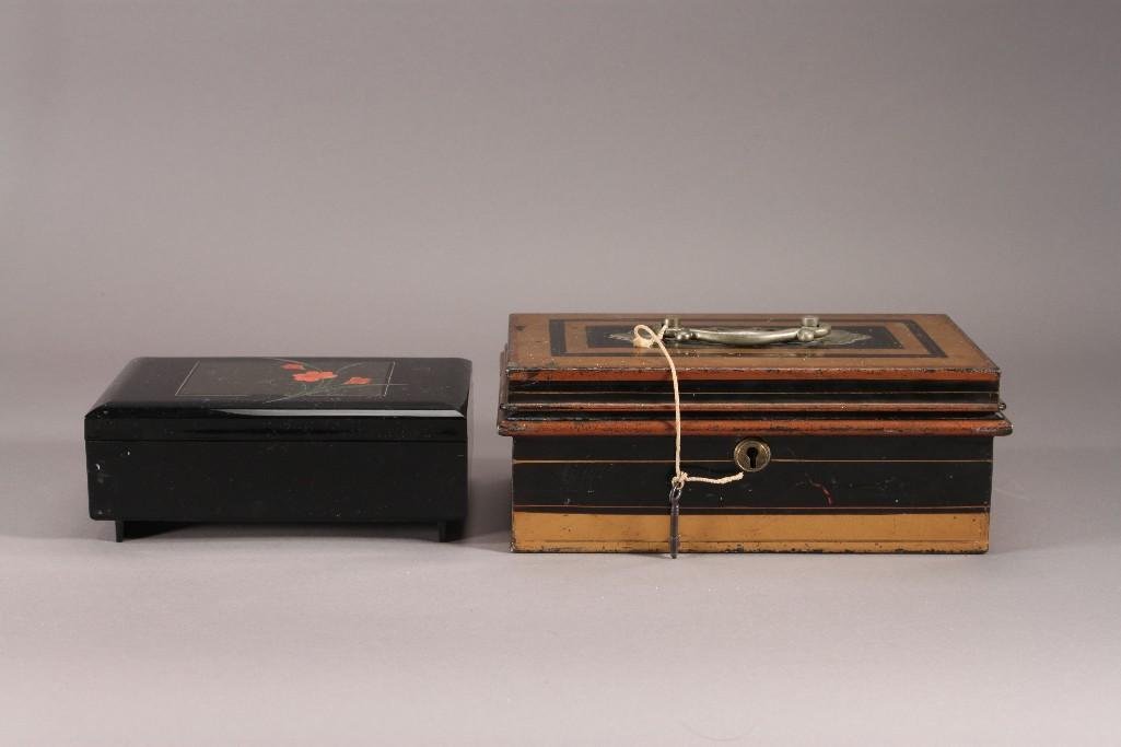 Jewelry and Lock Box: Metal lock box is marked Newton, Shakespeare and Co. hand made in Great Britain key is included shows some wear, and jewelry has floral design on the lid, mirrored inside, is musical but is missi