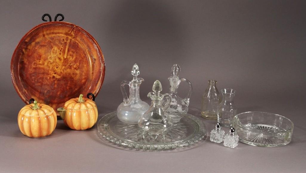 Serving Dishes (13): Items include (3) clear glass cruets with stoppers, pumpkin shaped cream and sugar, clear glass salt and pepper, clear glass divided bowl, vintage Pyrex baby bottle, and more 