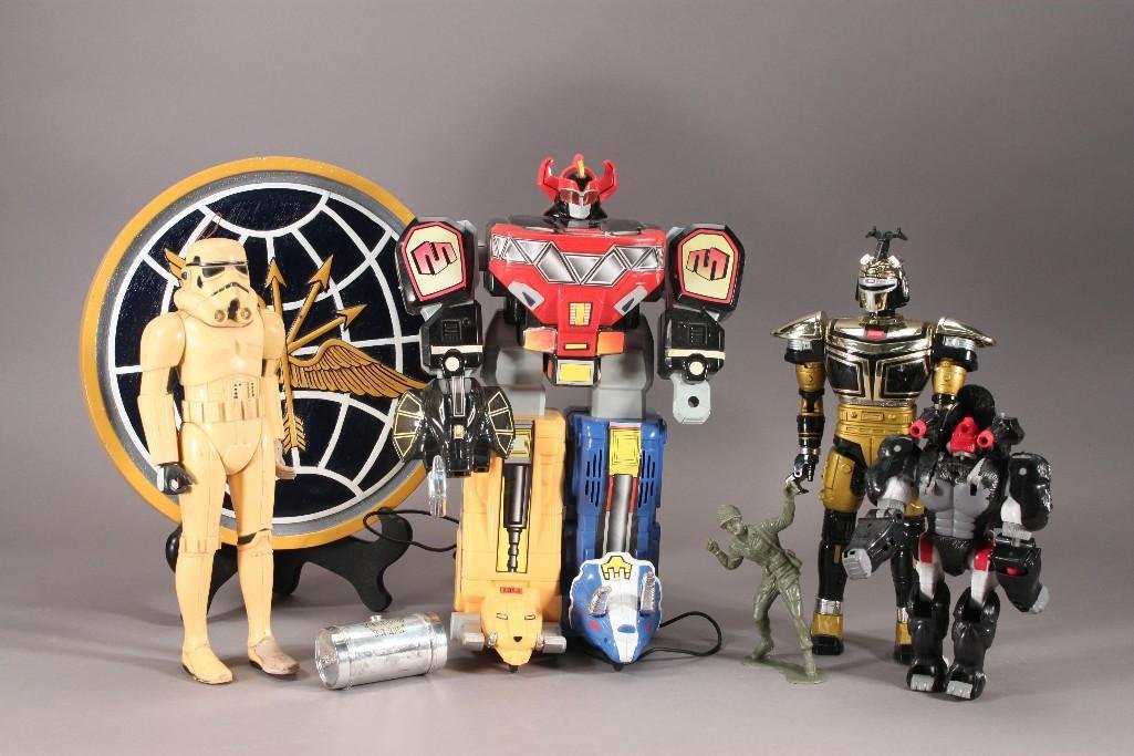 Vintage Collectible Toys: Includes 1978 storm trooper (has been altered), 1997 Beetleborg Metallix, 1994 power rangers robot (missing some pieces), and more 