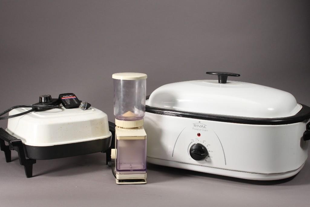 Small Kitchen Appliances: Includes a West Bend 11" electric skillet, a Rival Roaster Oven, and a Braun house hold food preparing machine