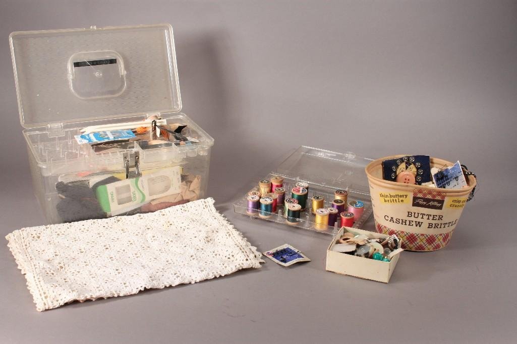 sewing Supplies: includes thread box with thread, sewing box with needles, thread tracing kit, and more, also includes container filled with buttons, 