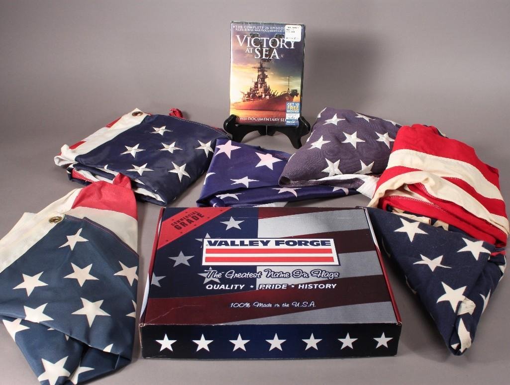 American Flags (7): One flag has 48 stars (fair condition), remainder have 50 (good condition)