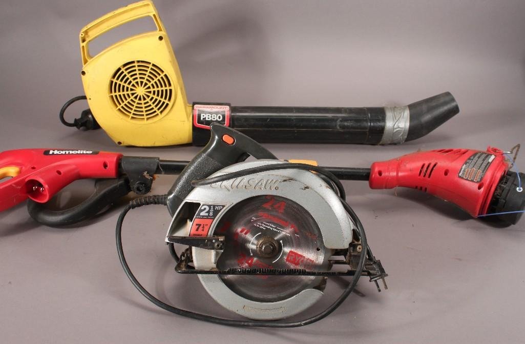 Gardening Tools: Includes, homelite weed waker, Paramount PB80 blower, and skilsaw 7.25 circular saw