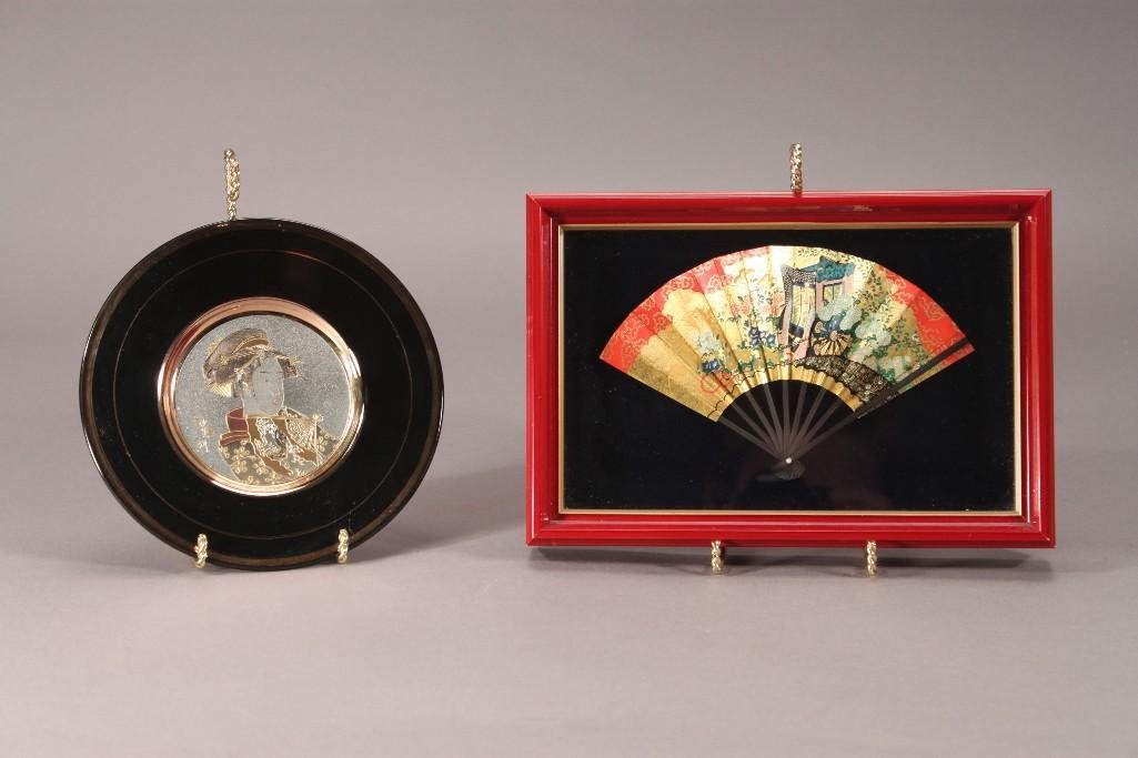 Asian Style Decor (2): One decorative plate with a diameter of 6", and a paper fan framed in a 8.5"x6" shadow box.