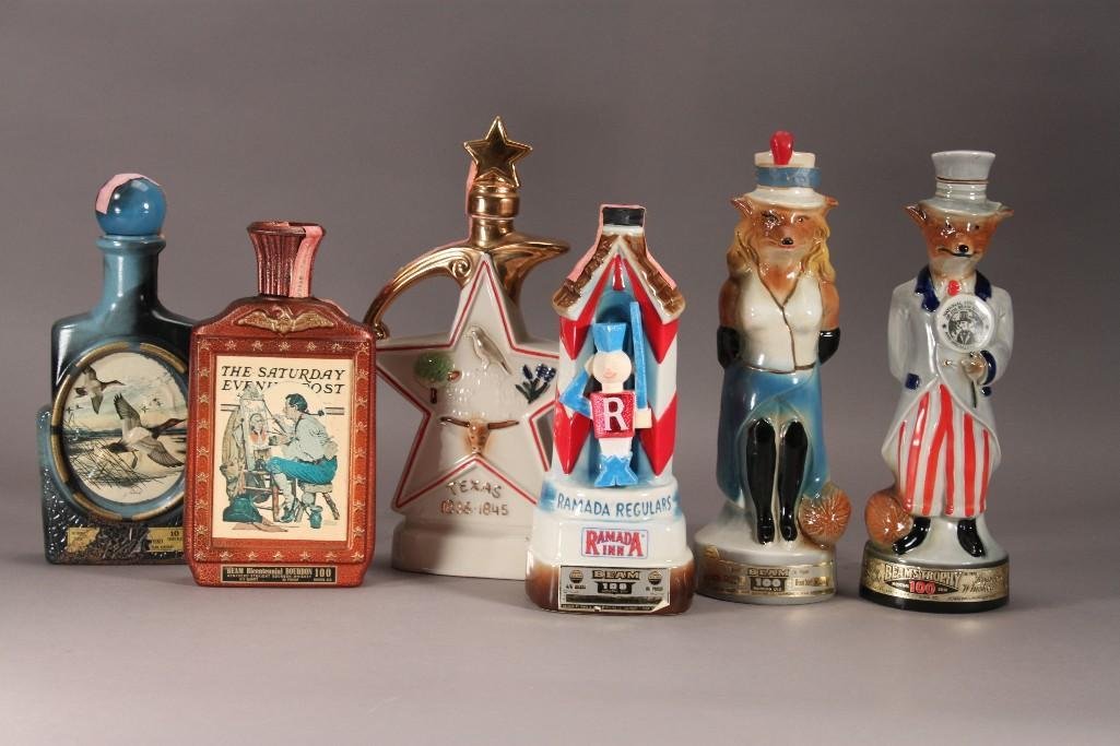 Vintage Decanters (6): Jim Beam 1976 Bicentennial Limited Edition Series Saturday evening Post, Jim Beam man and lady fox decanters, Jim Beam republic of Texas No. 57, Jim Beam Ramada Inn decanter, duck themed decanter.