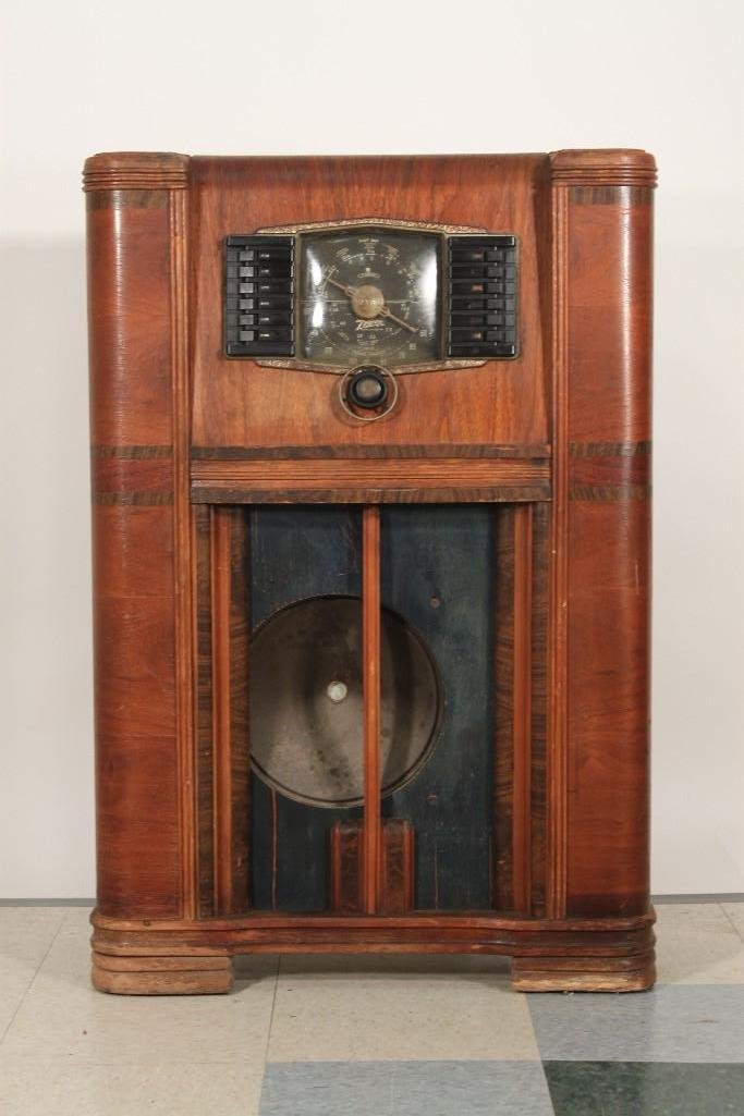 Vintage Zenith Floor Model Radio: Standard, police, short wave radio. Water style floor cabinet measures 27"x40"x11", shows wear, needs rewiring.