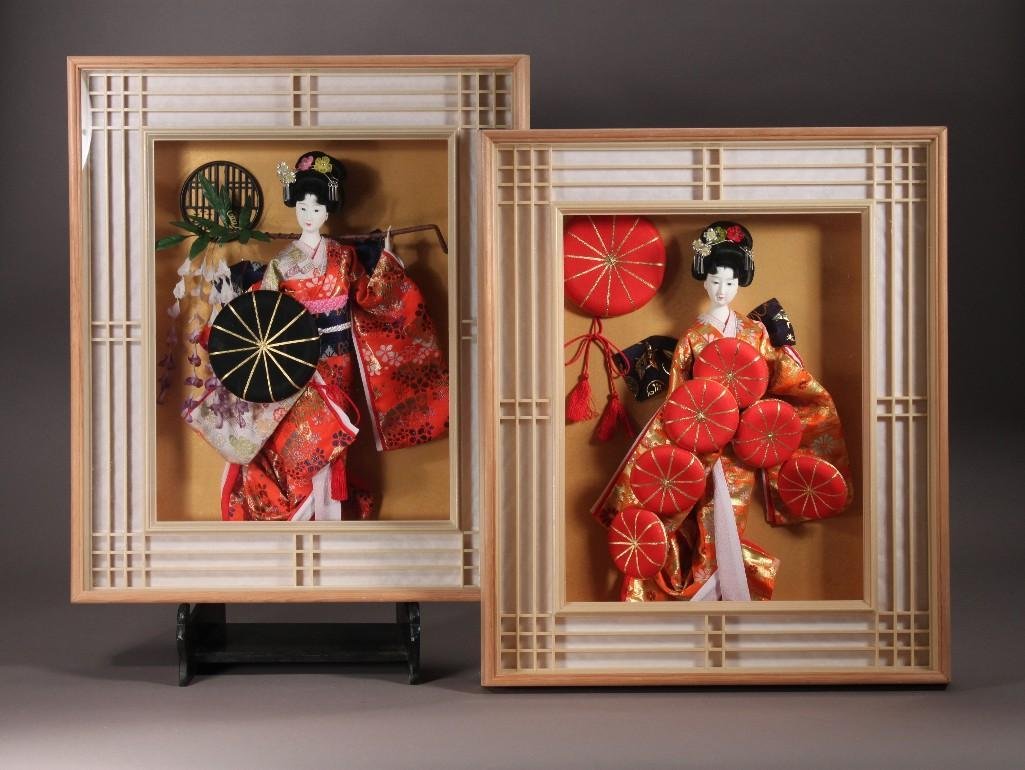 Asian Art Shadow Box (pair): Bisque Geisha girsl in silk costume, rice paper style design frame. The shadow box sits 4" off the wall. The framed art measures 18"x22".