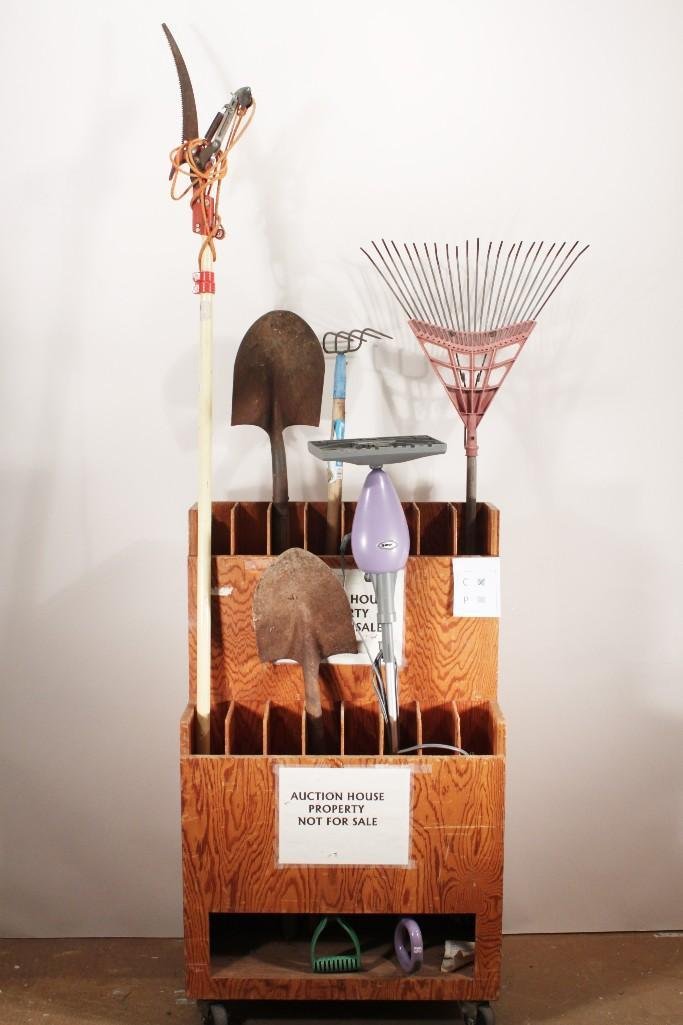 Garden Tools: Items Include: Rake, Two Shovel, Steel Hoe, Branch Trimmer, and an Electric Shark Floor Cleaner. (cart not included)