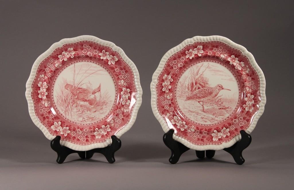 Copeland Spode Red and White Plates: Red transferware bird themed, woodcock & Plover, good condition