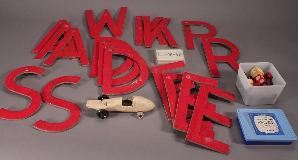 Wood Letters & Toys: (17) 8" letters, container with assorted vintage game pieces, flash cards, and more 