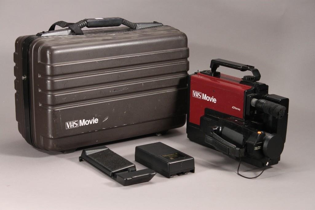 Vintage JC Penny VHS Movie Camera: Model 686-5330, with plastic molded case, batteries, cords, and more 