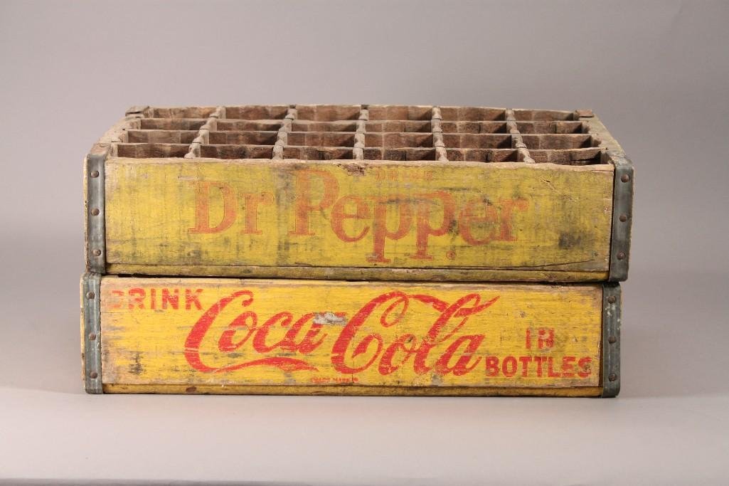 Vintage Wood Crates: Divided wood crates marked Coca-cola, and Dr Pepper, both show some wear