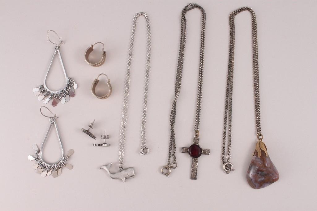 Silver Tone Ladies Jewelry: Includes whale pendant and earrings, cross with stone center, 2 pairs of pierced earrings, and more.