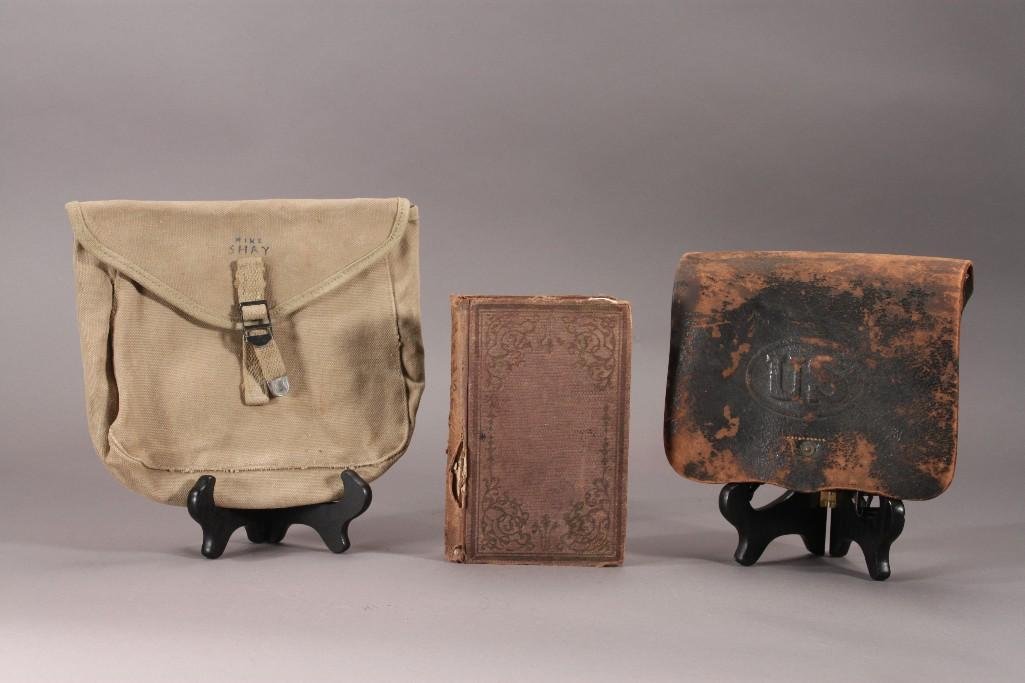 Civil War Era 1st ed book, leather case: Includes leather cap case, canvas bag, antique 1st edition book titled Life and Death in Rebel Prisons dated 1865 (in poor condition)