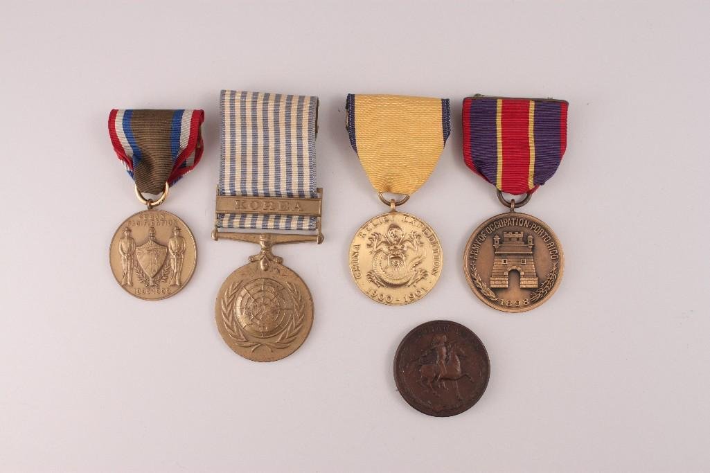 Military Service Medals (5): U..S. Army for Service Occupation Porto Rico, Korea, US Army Service Medal, China Relief Expedition and Indian Wars Medals.