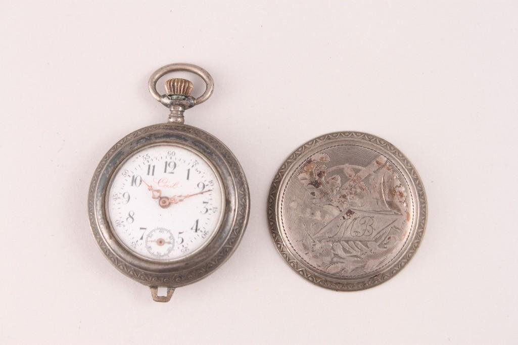 Cecil Purnell Pocket Watch: Silver tone, casement marked Swiss, monogrammed MB.