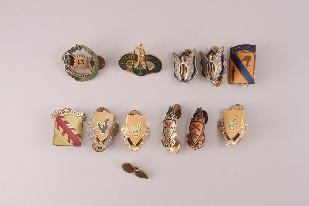 Military Pins and Medals (9): Victory or Death, Allons, Brave Rifles 3, and more. Some marked Denmark, N.S. Meyer, and more.