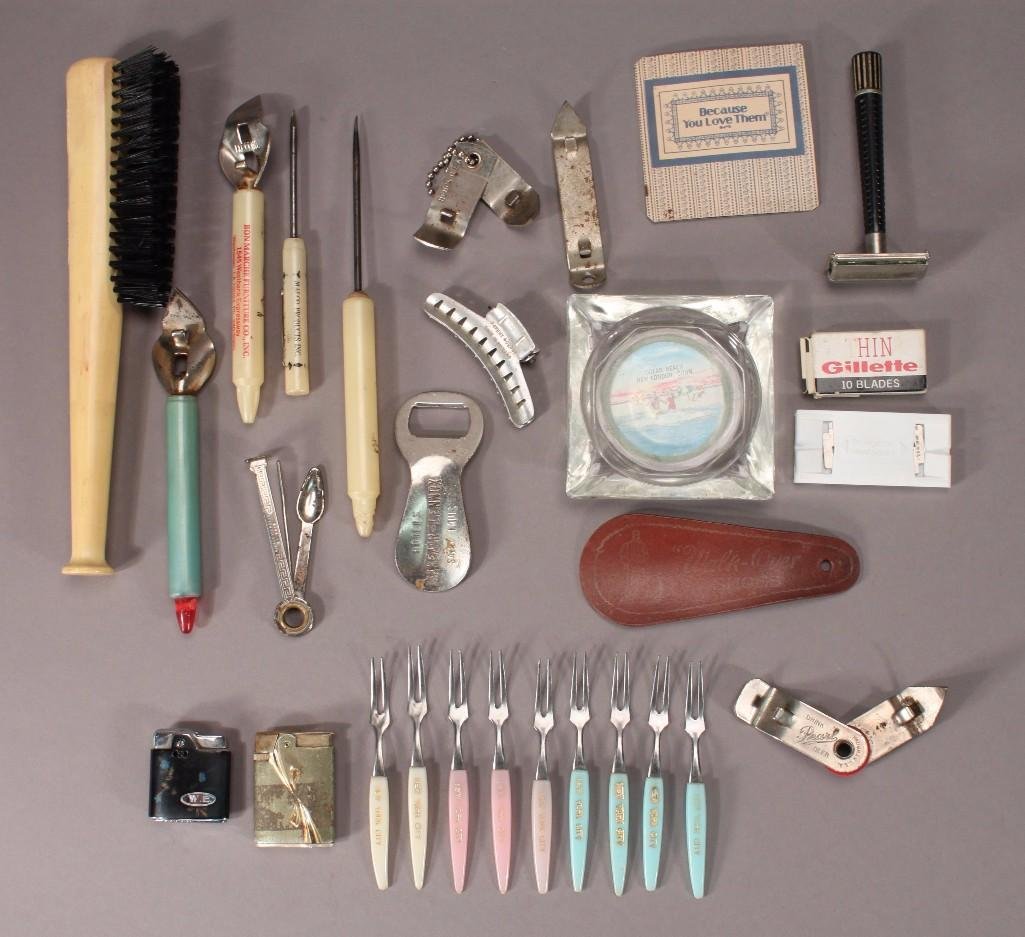 Vintage Lighters and Advertisement Collectibles: Items include: Ronson Vearaflame Princess and Ronson Petite Lighters. Also includes, Louisville Slugger brush, Advertising bottle openers, ice pick, sewing needles, shoe horn,and more.